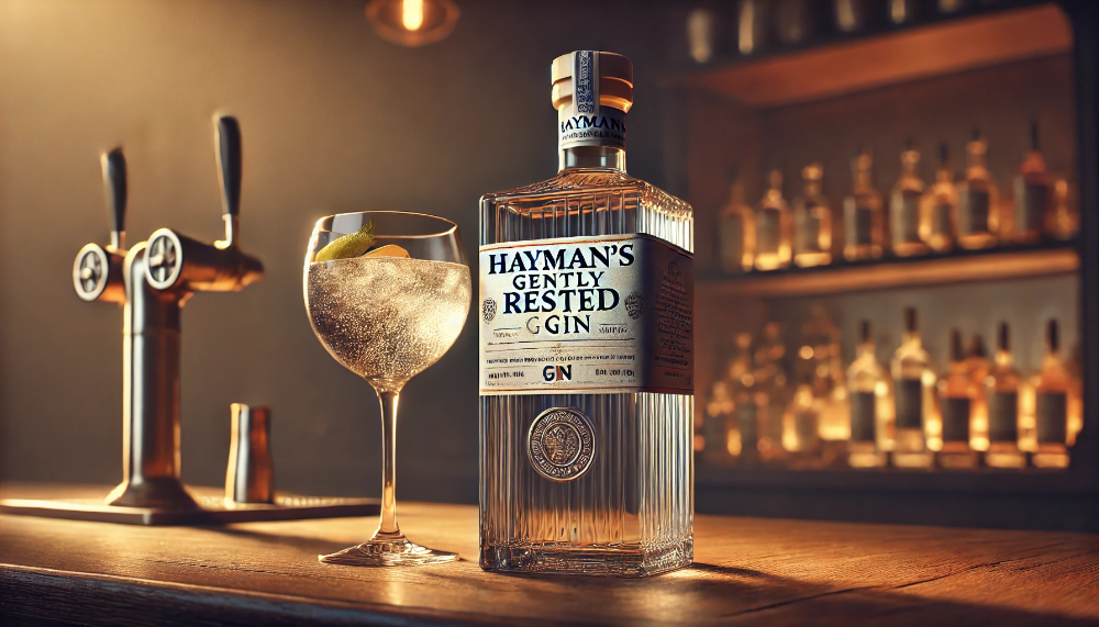 Пляшка Hayman’s Gently Rested Gin на дерев'яному барному столику з келихом коктейлю, що демонструє преміум якість та елегантність джина